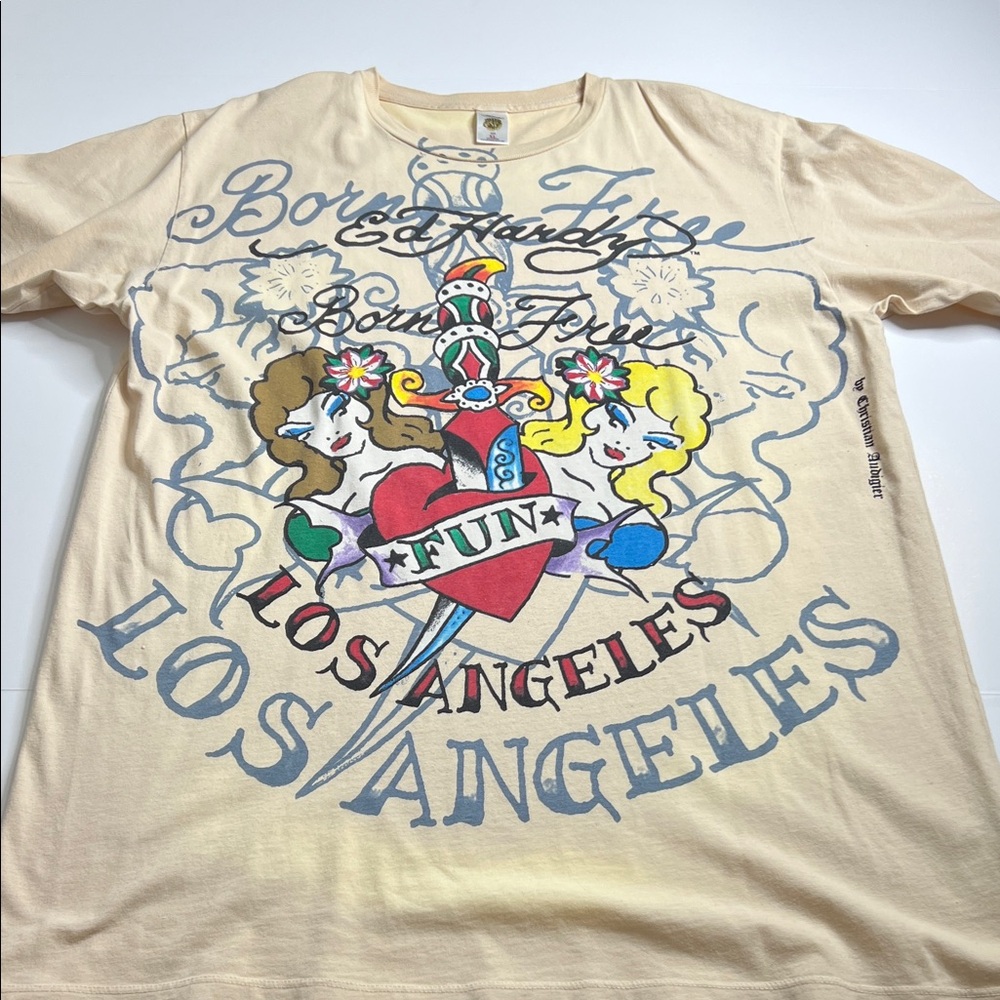 Ed Hardy Cream Graphic Tee with Colorful Design